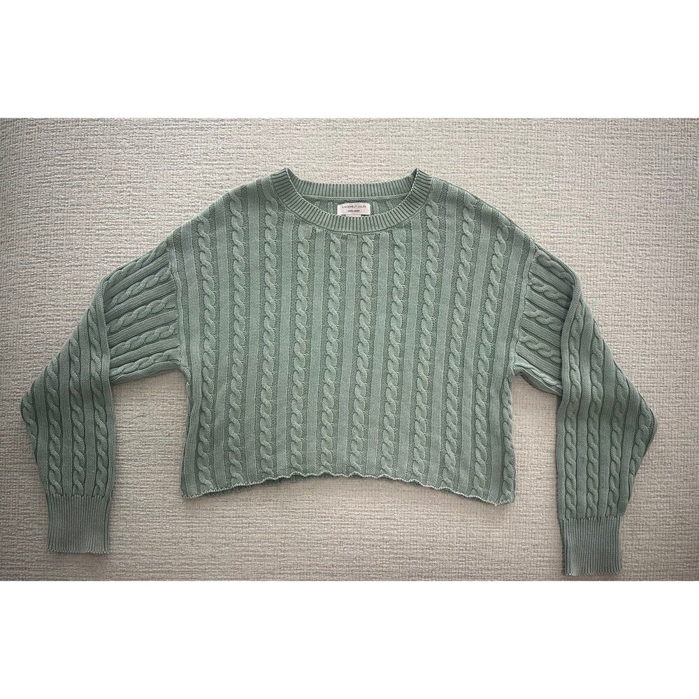 Sincerely Jules Sage Green Cable Knit Cropped Sweater- 100% Cotton- Large